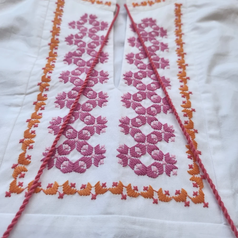 J. Crew White Sleeveless Embroidered Tassel Top with Pink and Orange Accents - Picture 2 of 8